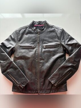 Banana republic leather biker moto jacket plaid lining men’s small